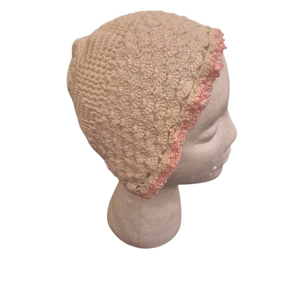 Crochet, Vintage Infants Ivory & Pink Cotton Crocheted Bonnet Made in 1950
